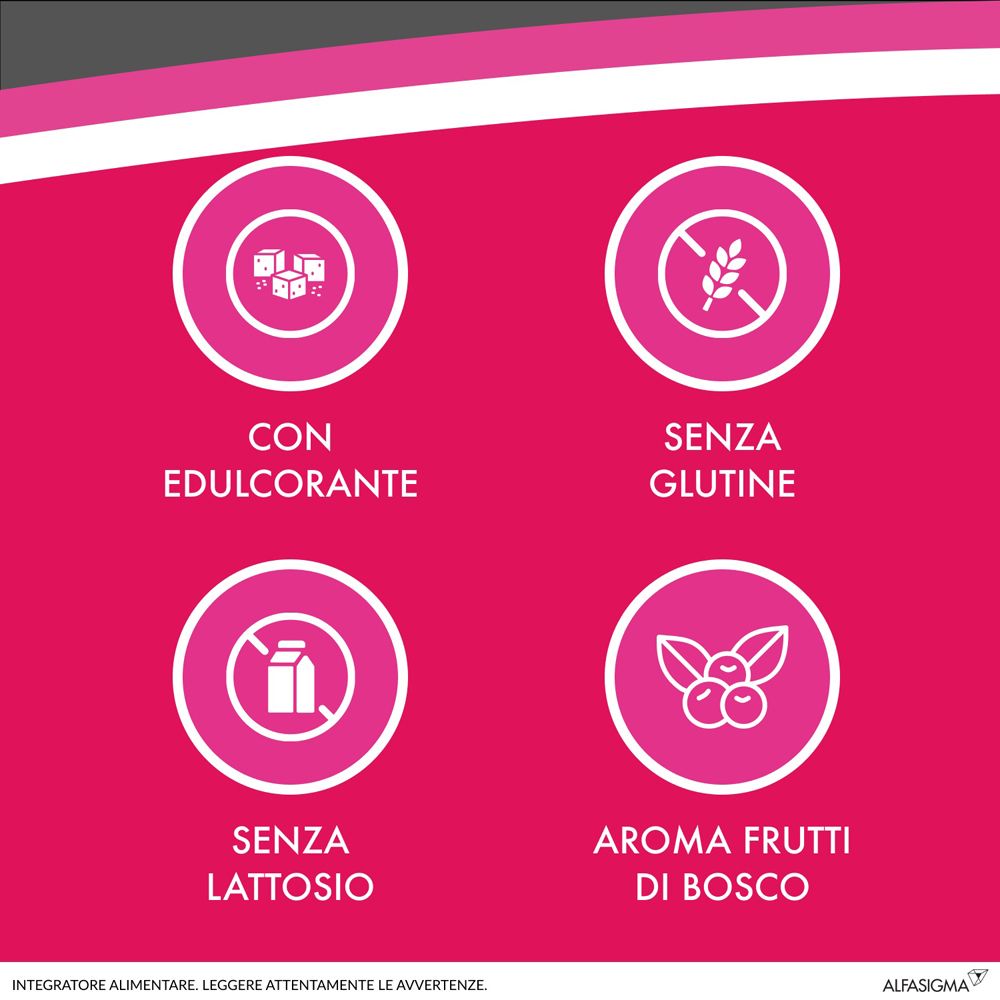 Sfondo rosa con simboli. Contiene dolcificante, senza glutine, senza lattosio, aroma frutti di bosco.