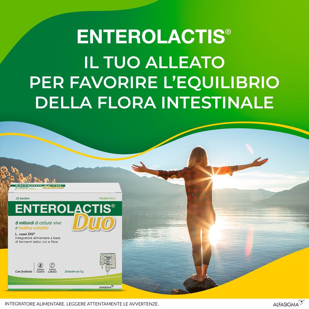 Confezione del prodotto davanti a un paesaggio. Scritta: ENTEROLACTIS Duo. Testo: Favorisce l'equilibrio della flora intestinale. Marchio Alfasigma.