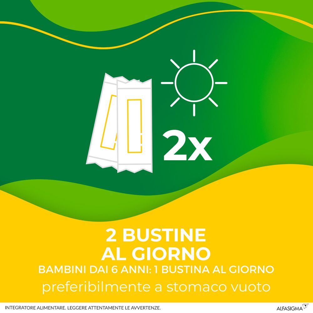 Due bustine, simbolo sole. Testo: 2x, 2 bustine al giorno. Per bambini: 1 bustina al giorno, preferibilmente a stomaco vuoto.