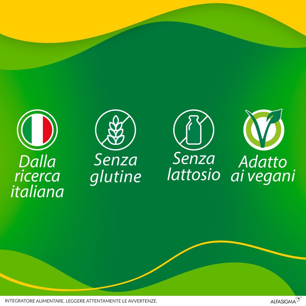 Simboli: Ricerca italiana, senza glutine, senza lattosio, adatto ai vegani. Marchio Alfasigma.