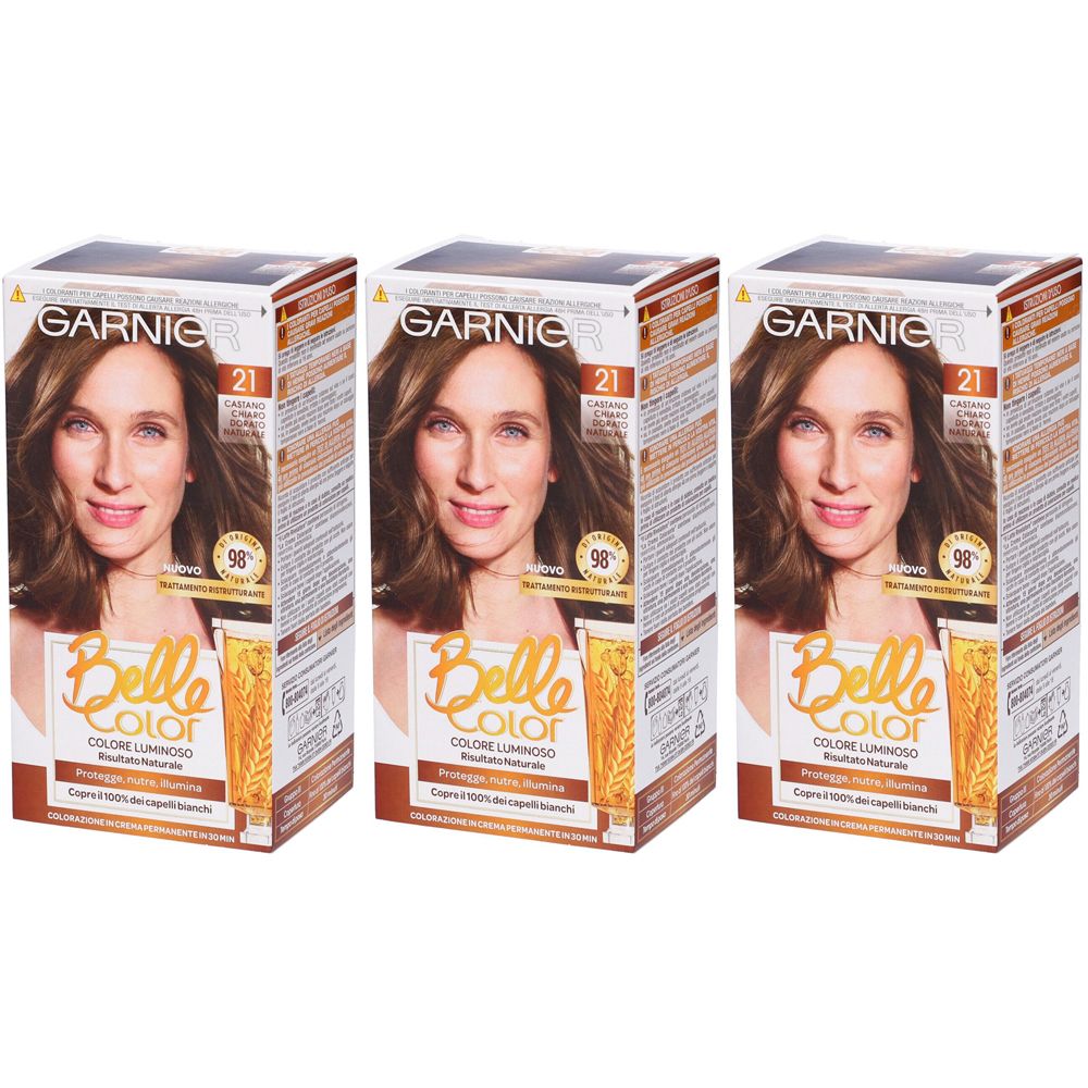 Garnier Tinta Capelli Belle Color, Colore Luminoso e Riflessi Naturali, Copre il 100% dei capelli bianchi, Castano Chiaro Dorato Naturale Set da 3