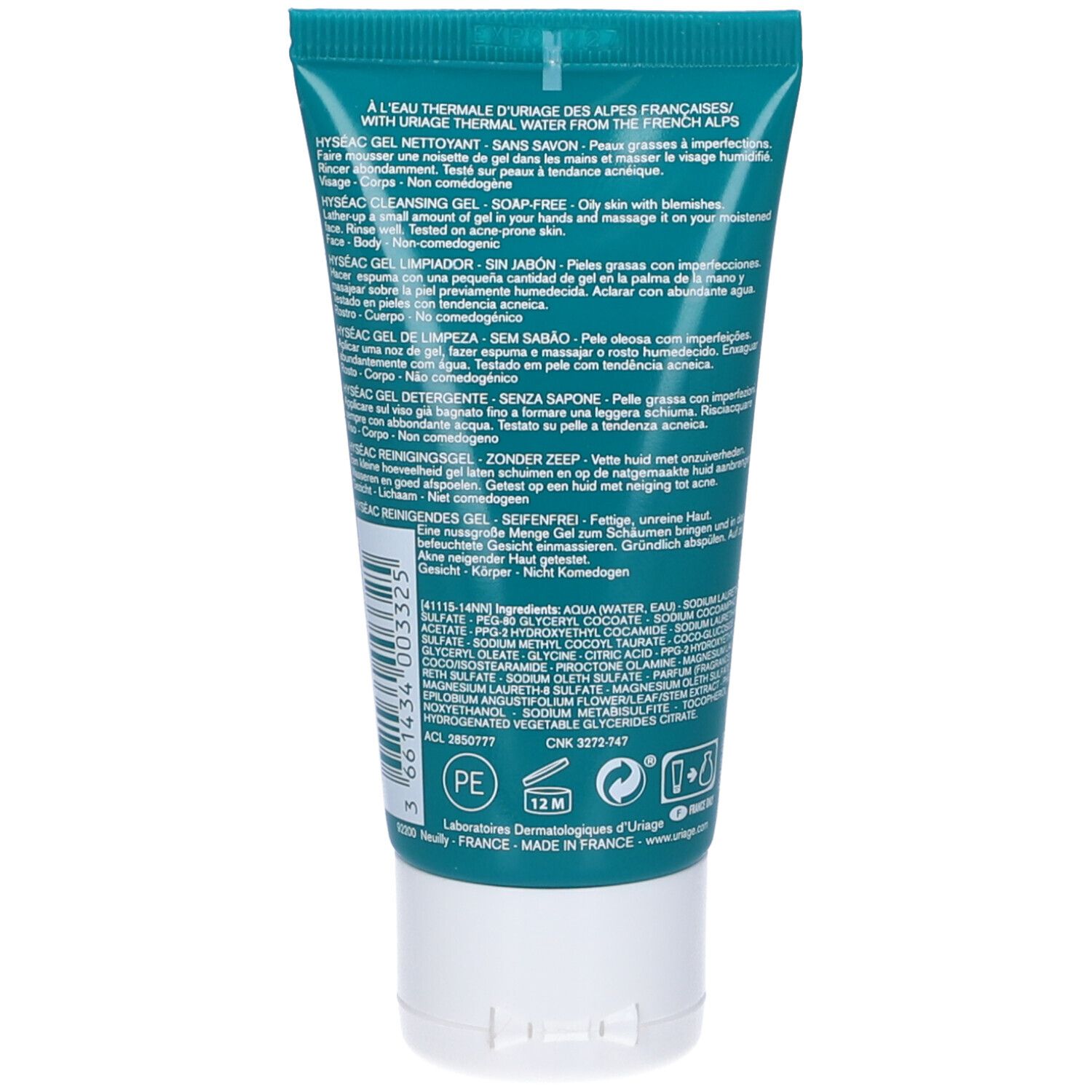 Retro di un tubo turchese. Testo multilingue. Ingredienti e informazioni del produttore.