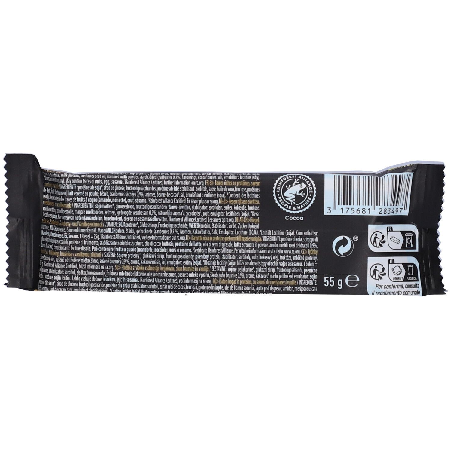 Retro della confezione della barretta proteica. Sfondo nero con testo e informazioni nutrizionali. Peso: 55 g.