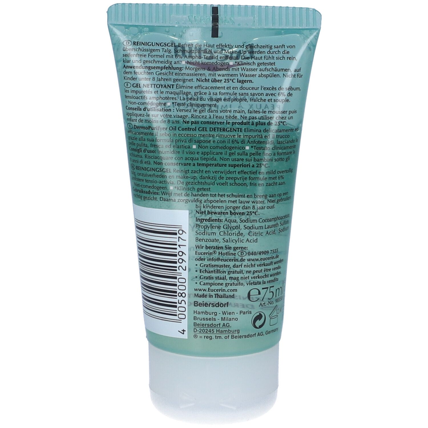 Retro del tubo. Testo e codice a barre. Eucerin, DermoPure, 75ml. Ingredienti. Cura della pelle medica.