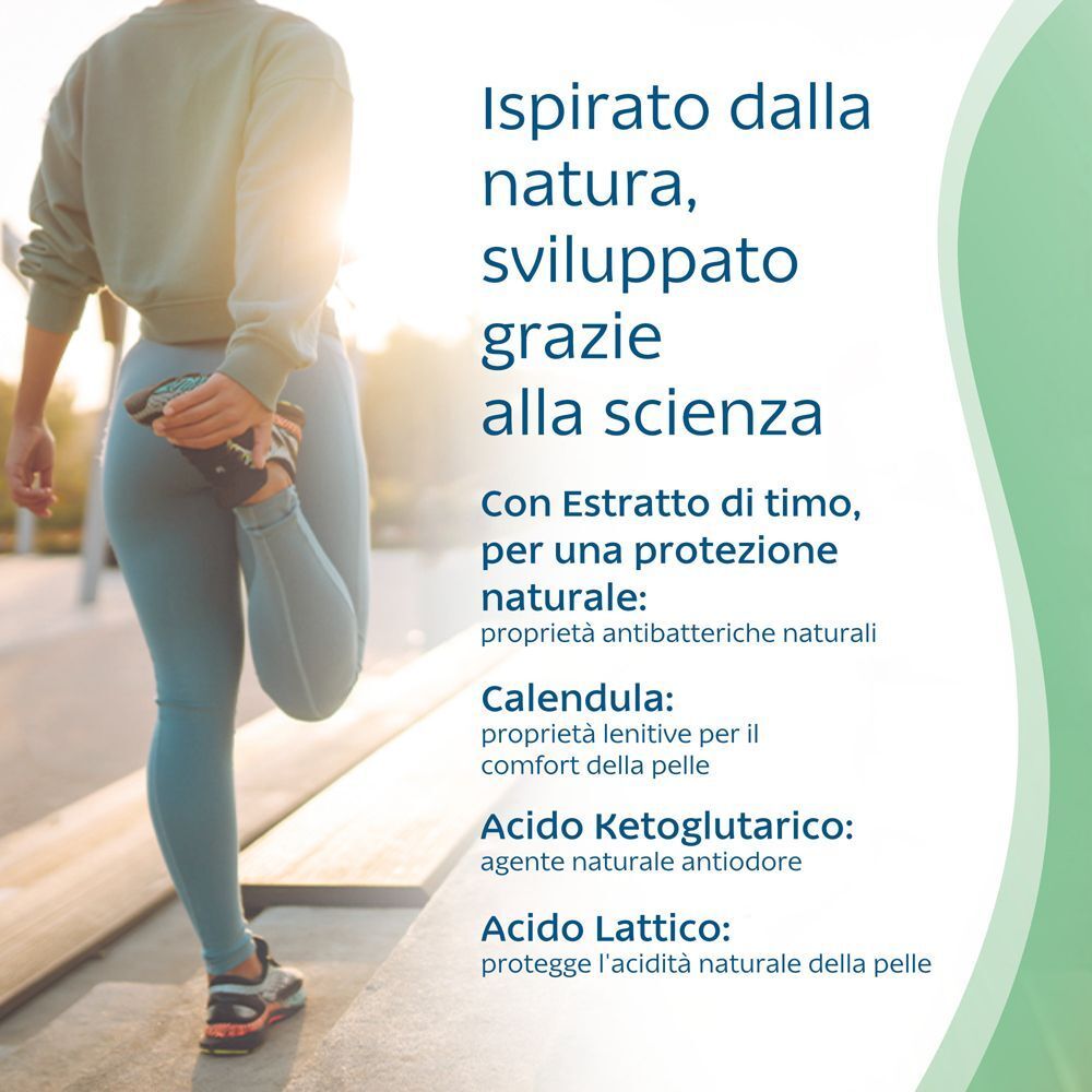 Donna che si allunga, ispirato dalla natura, sviluppato con estratti di timo e calendula.