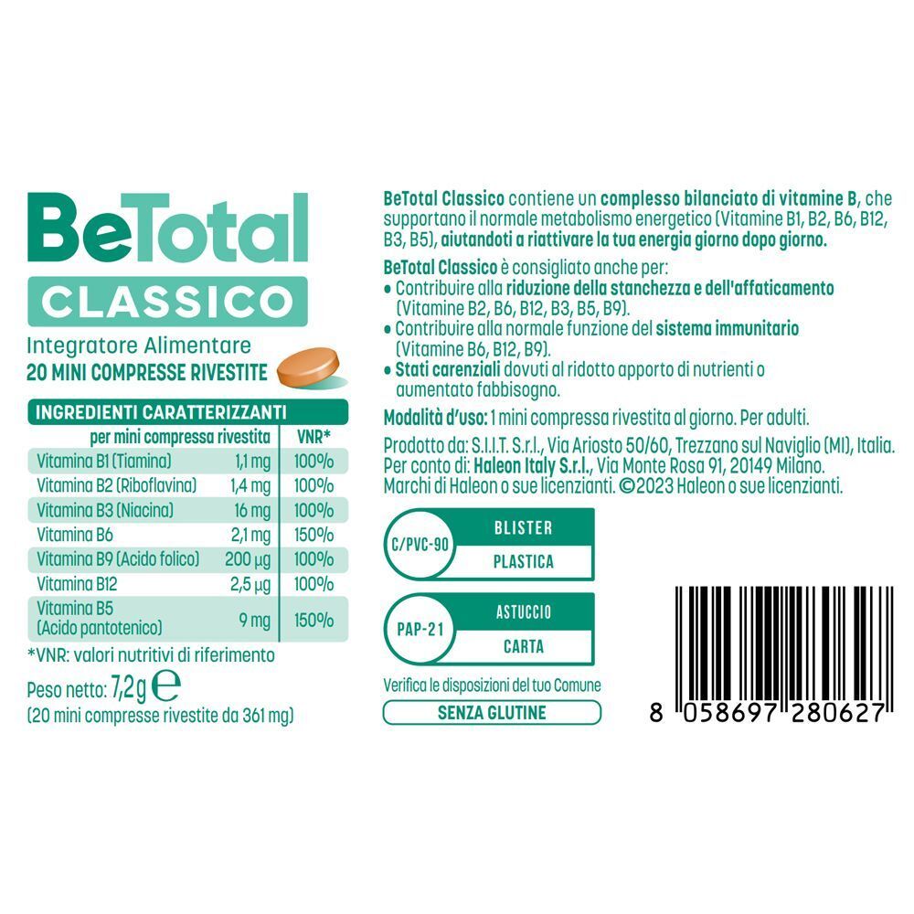Retro della confezione Be-Total Classico con informazioni nutrizionali e ingredienti.