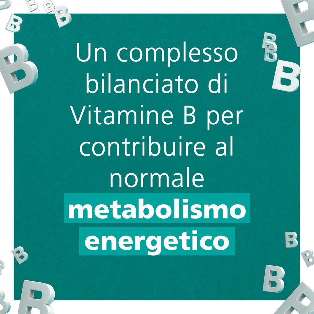 Be-Total Vitamina B per il normale metabolismo energetico, con lettere 'B' fluttuanti.