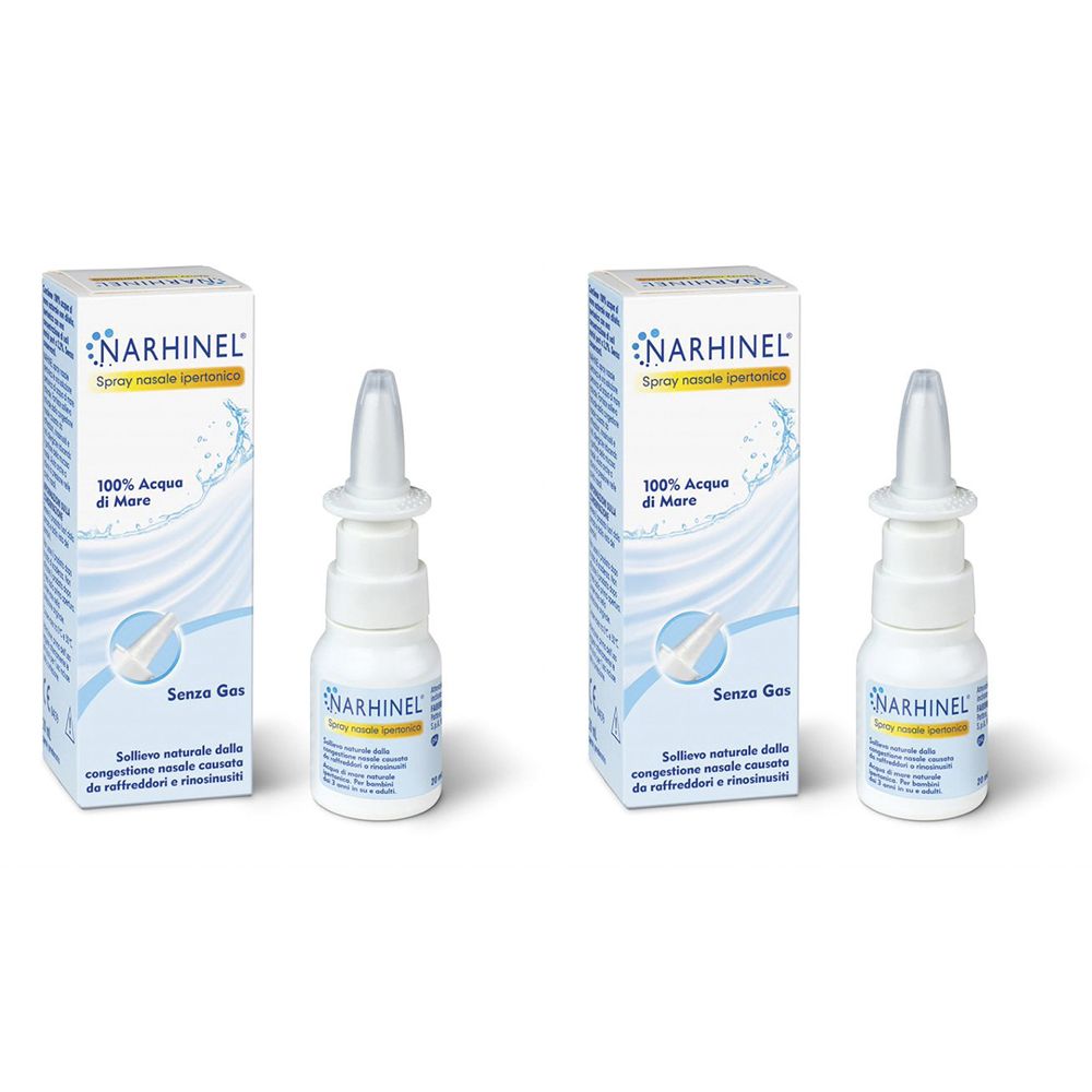 Due flaconi e confezioni di Narhinel Spray Nasale Ipertonico. Flaconi bianchi con applicatore spray, confezione blu con nome del prodotto.