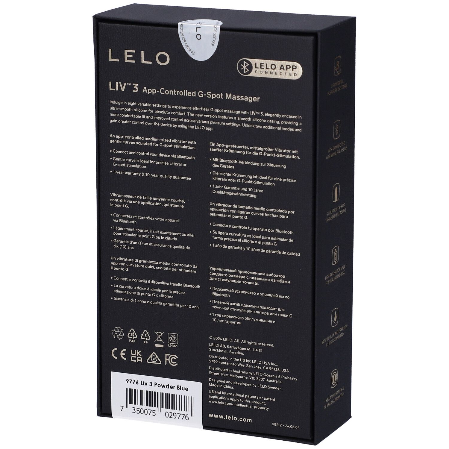 Lelo Liv 3 Vibratore Punto G Controllato da App Colore Azzurro Polvere