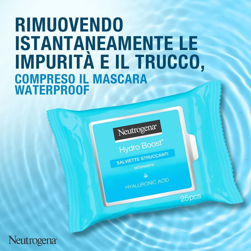 Una confezione di salviette struccanti Neutrogena Hydro Boost con acido ialuronico, rimuove trucco e impurità.