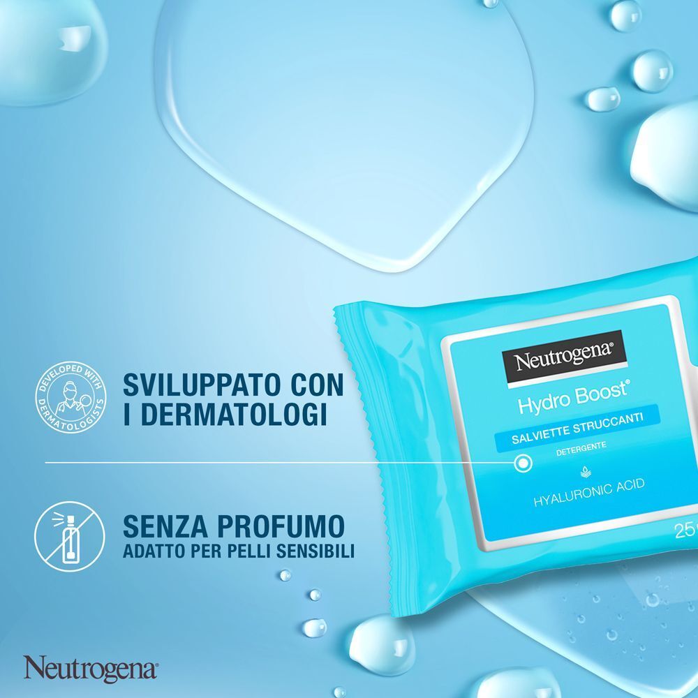 Salviette Neutrogena Hydro Boost: Sviluppate con dermatologi, senza profumo, per pelli sensibili.