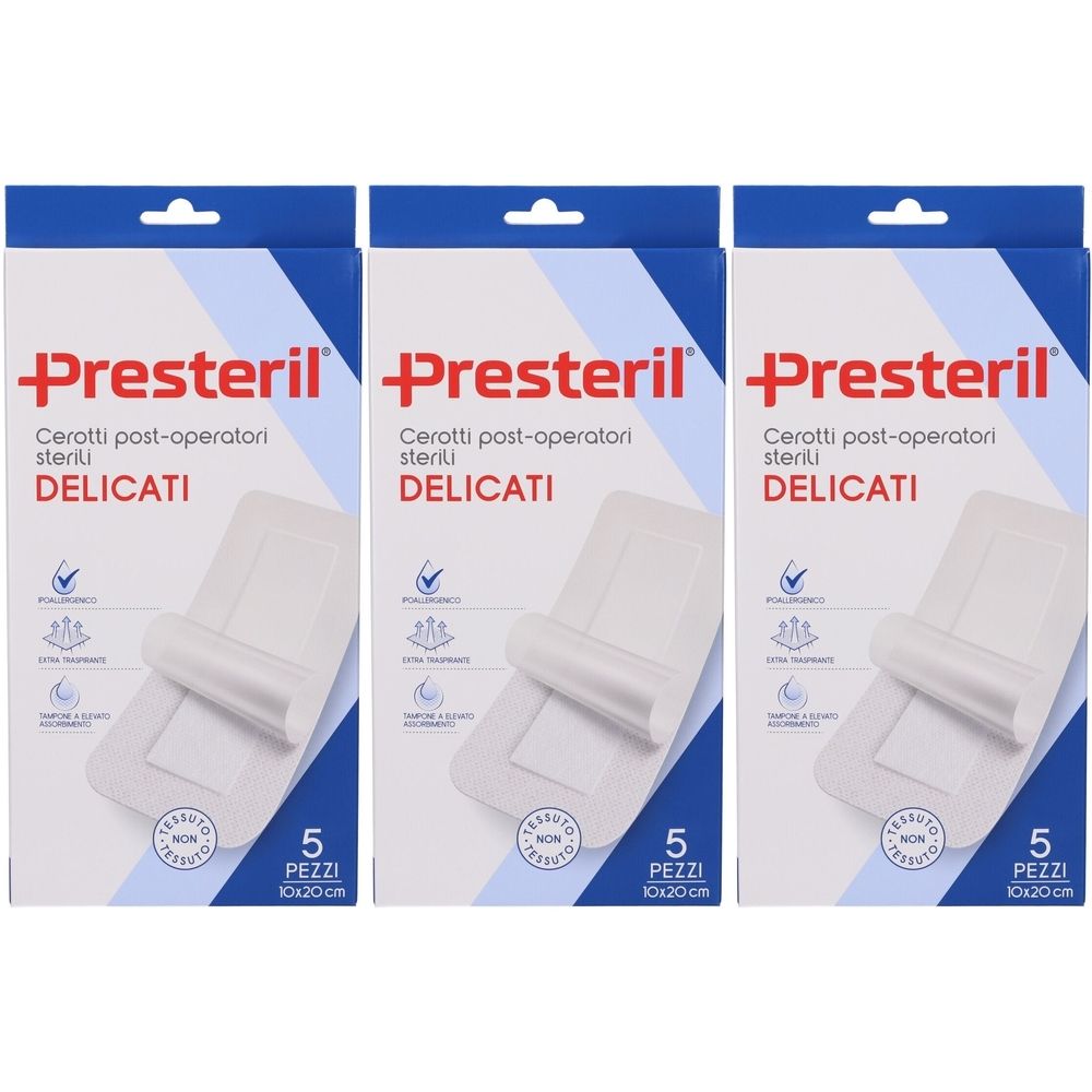 Tre confezioni di medicazioni sterili post-operatorie. Scritta: Presteril, DELICATI. Ogni confezione contiene 5 pezzi, 10x20cm.