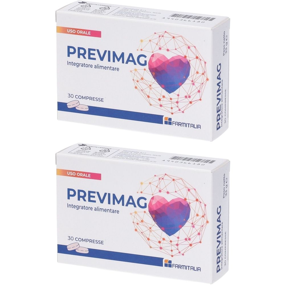 Due scatole bianche PREVIMAG. Scritta 'Integratore alimentare', 30 compresse. Logo cuore.