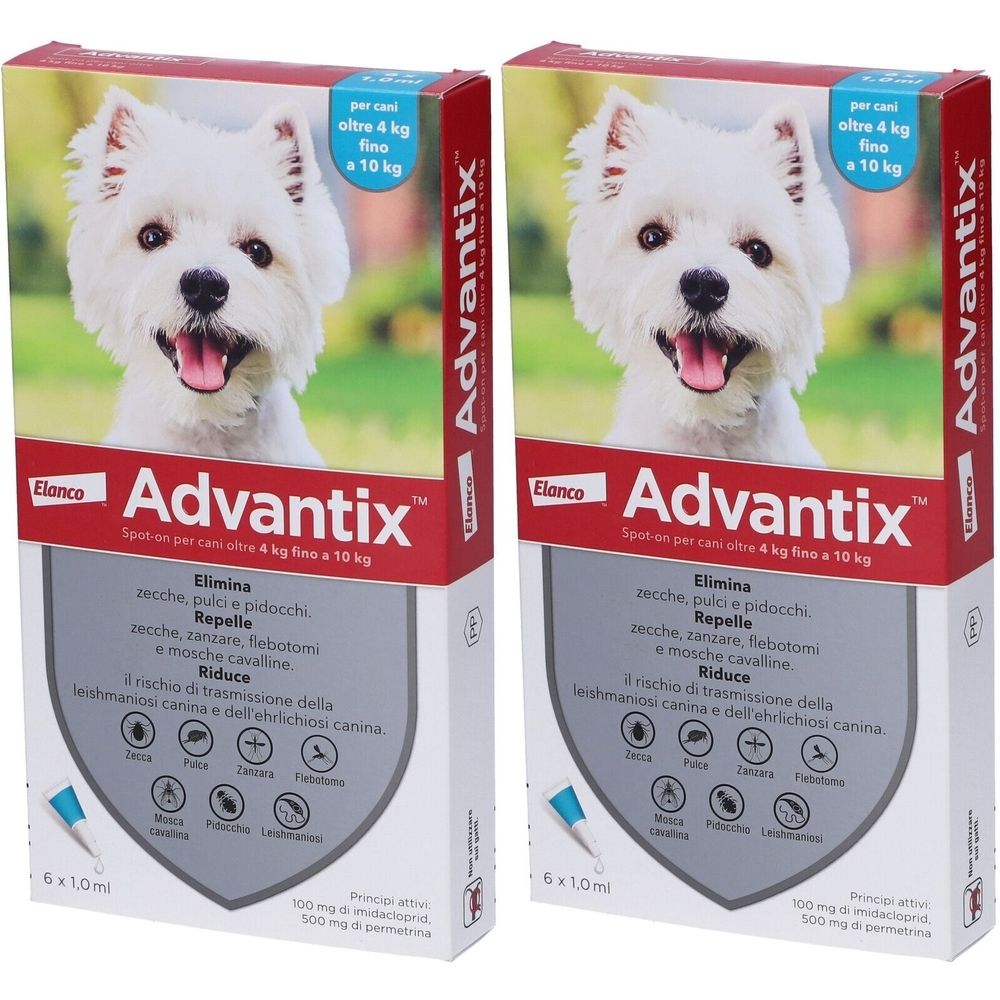 Due confezioni di Advantix. Su ogni confezione è raffigurato un cane. Testo: Elimina, Repelle, Riduce. 6x1,0 ml.