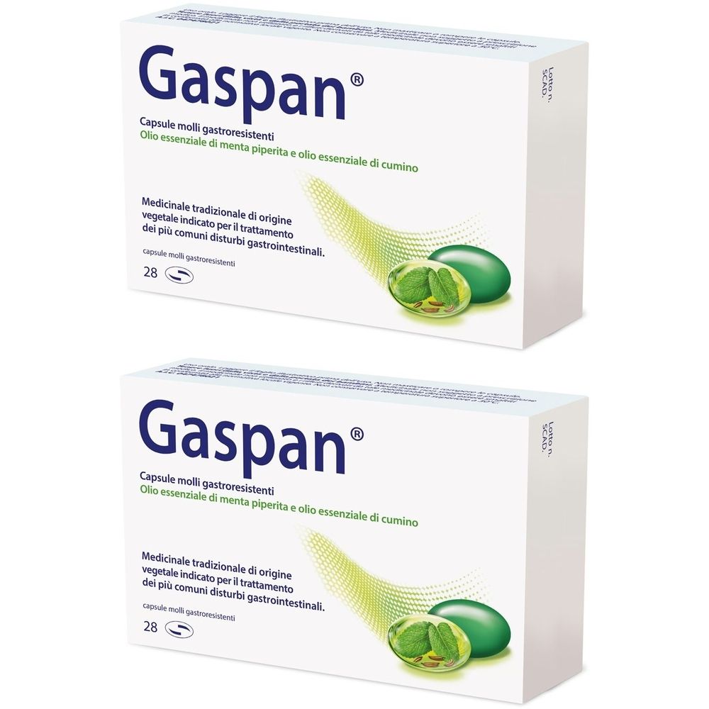Due scatole bianche Gaspan. Scritto: Capsule molli gastroresistenti. Illustrazione di capsule verdi e testo in italiano.