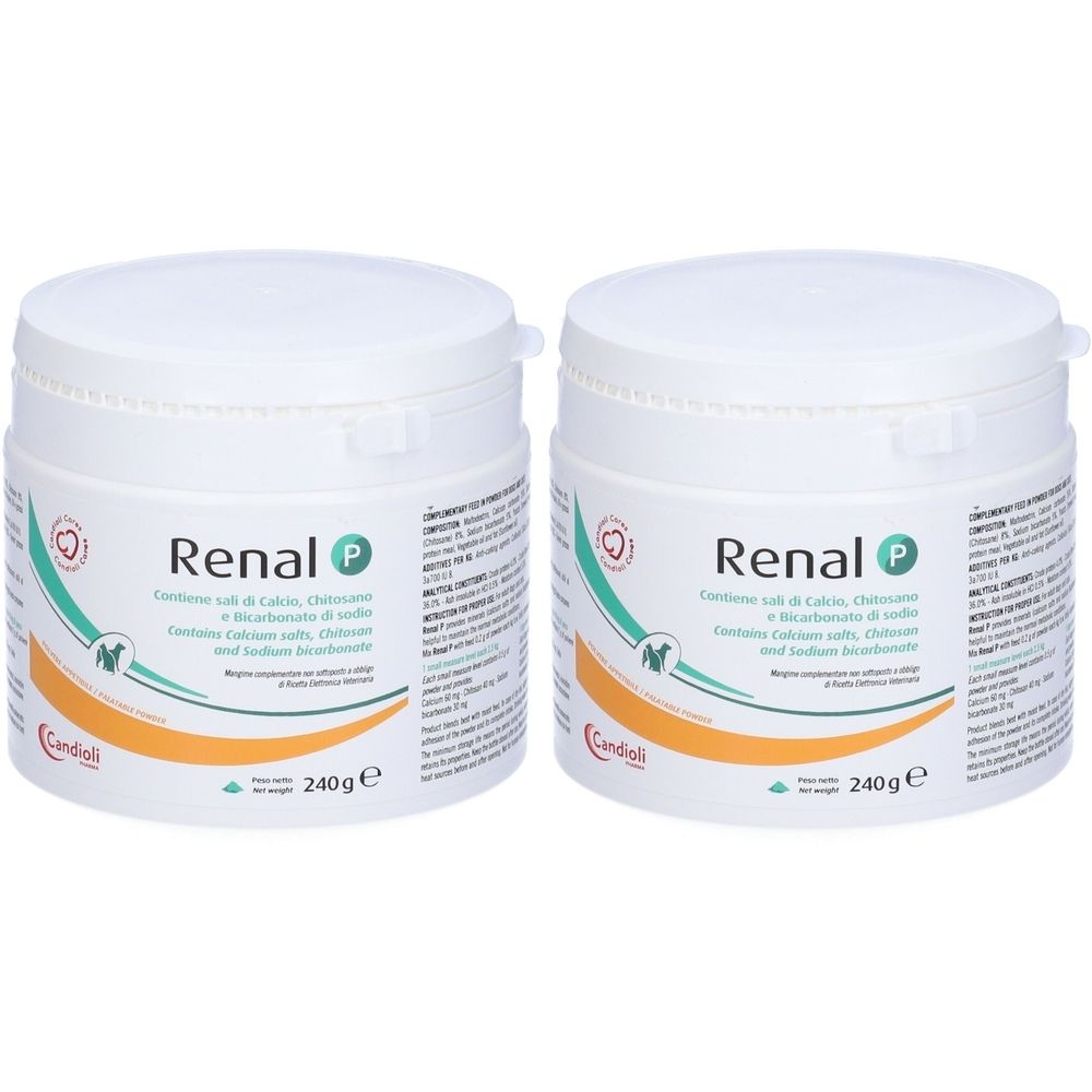 Due barattoli bianchi con coperchi. Scritta "Renal P". Contiene calcio, chitosano e bicarbonato di sodio. Marchio: Candioli. 240g.