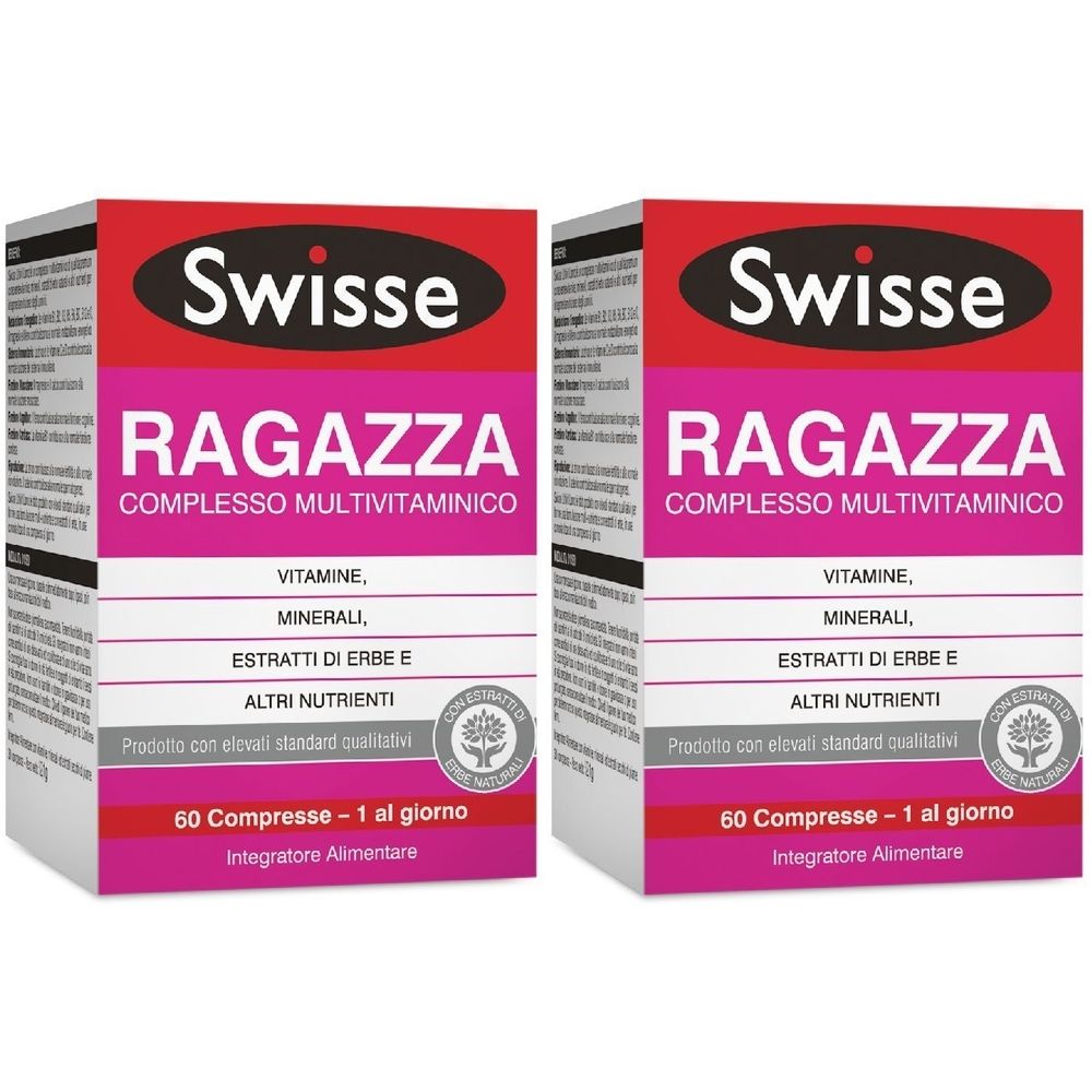 Due confezioni di Swisse Ragazza, complesso multivitaminico. Confezione rosa e bianca con testo e logo.