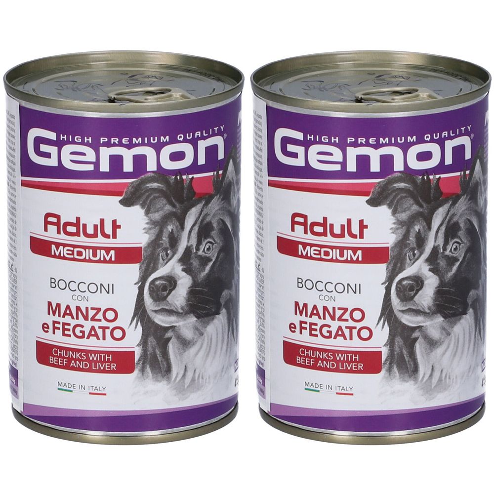 Due lattine di cibo per cani. Scritta: Gemon, Adult Medium, Bocconi con Manzo e Fegato. Con manzo e fegato. Prodotto in Italia.
