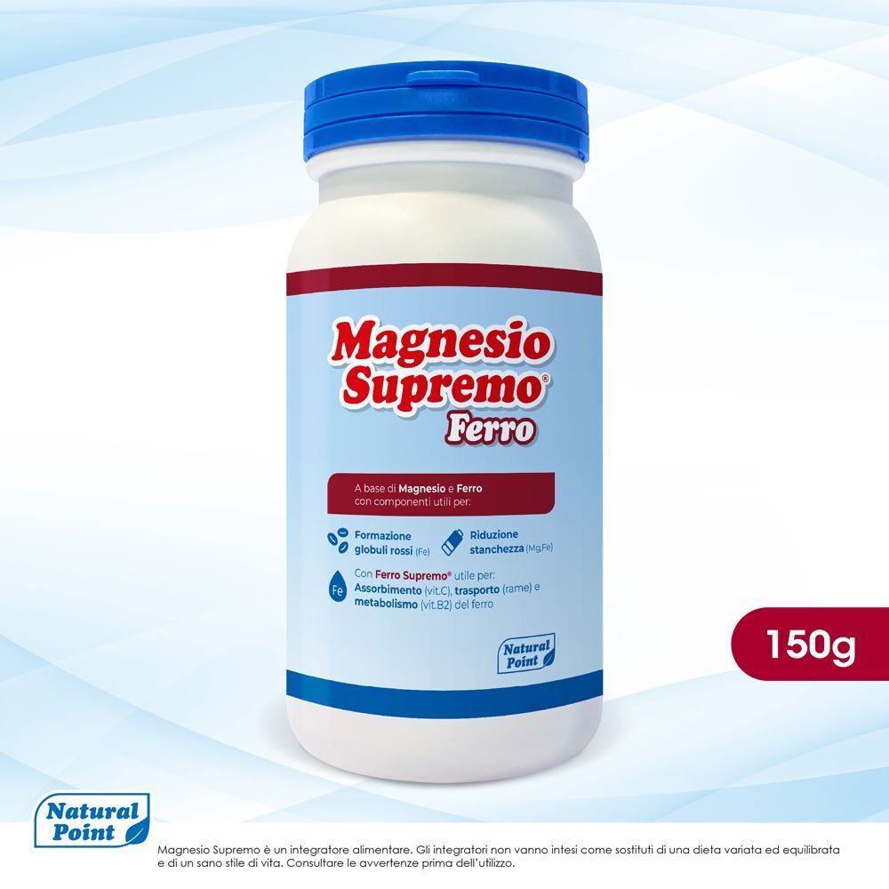 Un contenitore di Magnesio Supremo Ferro in polvere, 150g, con tappo blu ed etichetta rossa.