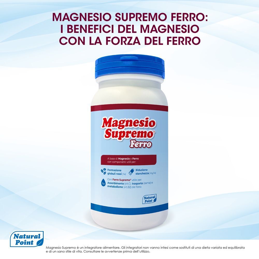 Un contenitore di Magnesio Supremo Ferro in polvere, con tappo blu ed etichetta rossa.