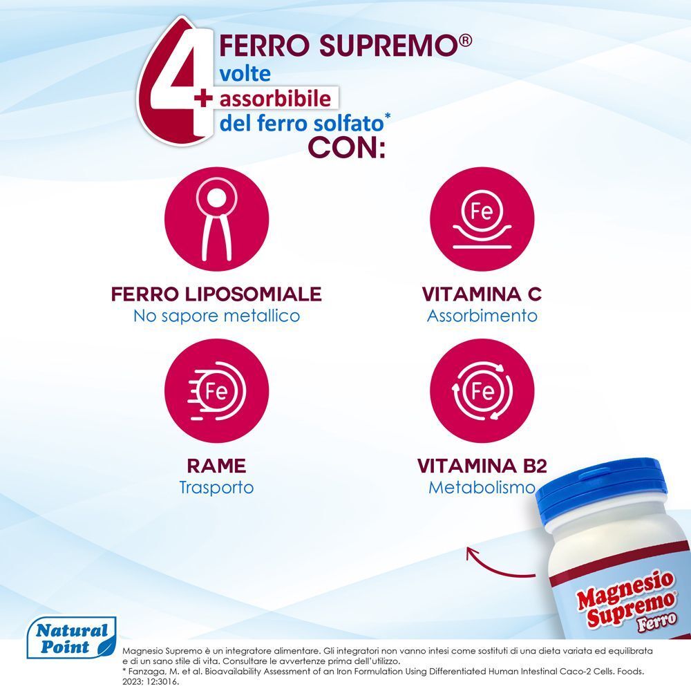 Magnesio Supremo Ferro: Ferro Supremo è 4 volte più assorbibile del solfato ferroso.