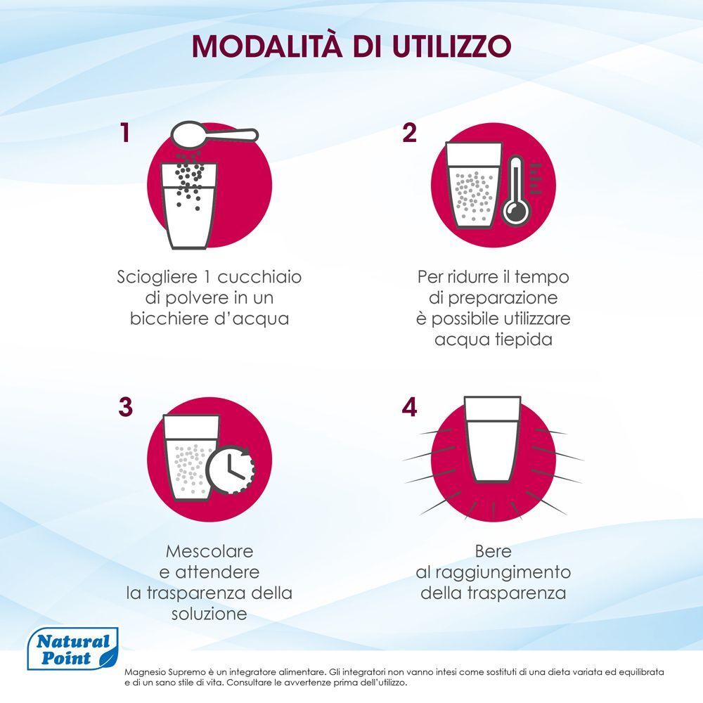 Modalità d'uso Magnesio Supremo Ferro: sciogliere in acqua, mescolare, bere.