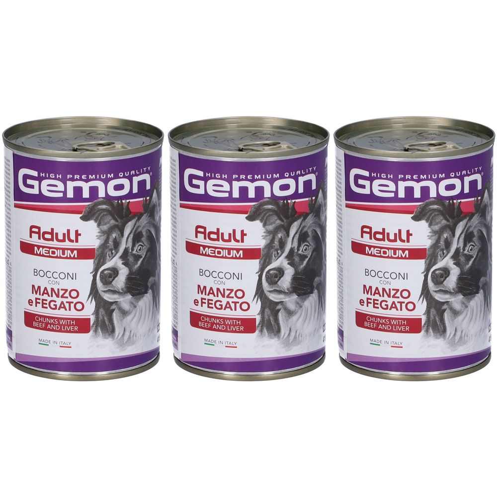 Tre lattine di cibo per cani. Ogni lattina riporta le scritte "Gemon", "Adult", "Manzo e Fegato".