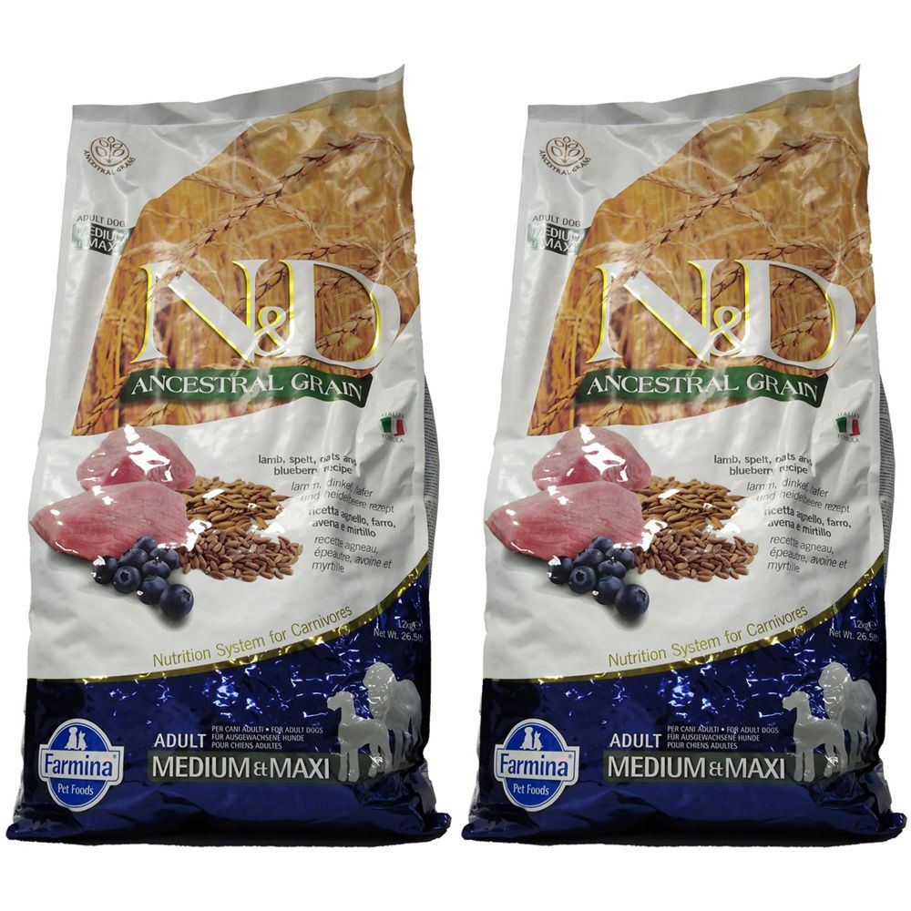 Farmina® N&D Ancestral Grain Canine Lamb & Blueberry Adult Medium & Maxi Set da 2