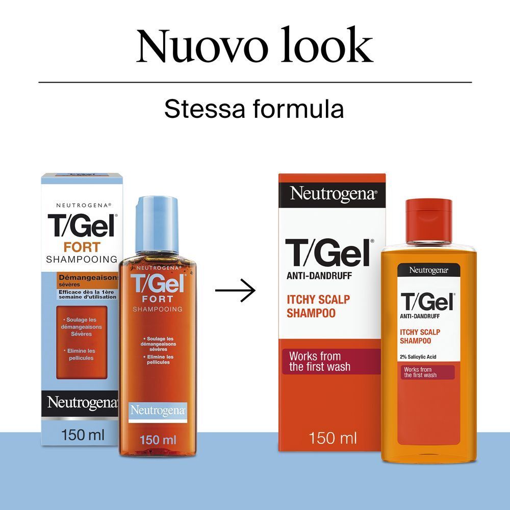Confronto tra vecchio e nuovo design dello shampoo Neutrogena T/Gel.