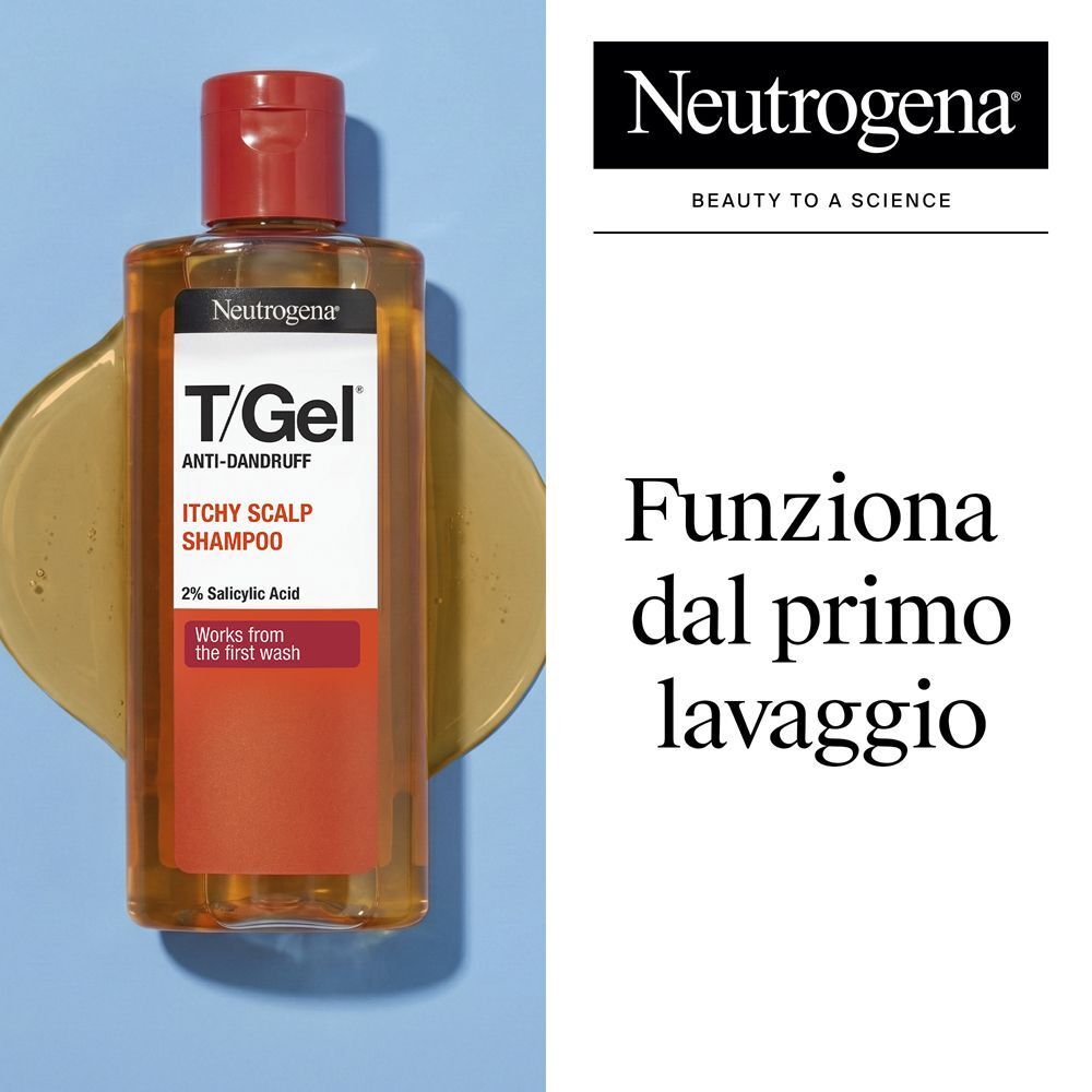 Shampoo Neutrogena T/Gel con acido salicilico su sfondo blu.