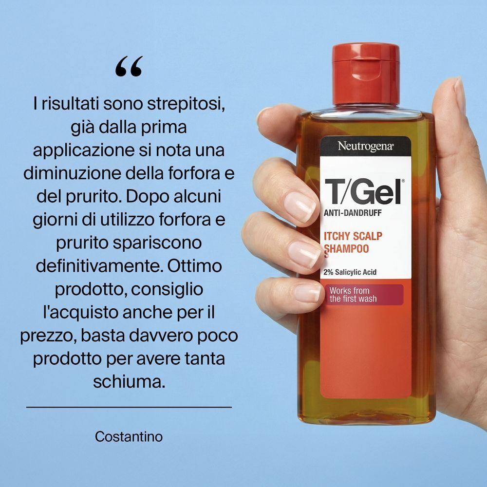 Mano che tiene un flacone di shampoo Neutrogena T/Gel.