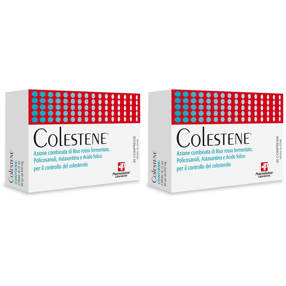 Due confezioni di "Colestene". Scritta: "Azione combinata di Riso rosso fermentato, Policosanol, Astaxantina e Acido folico per il controllo del colesterolo".