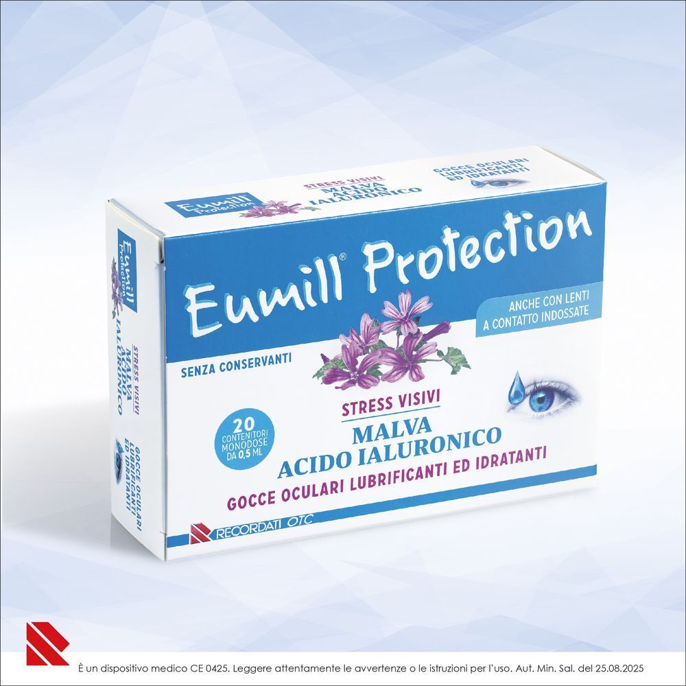 Confezione Eumill Protection da 20 flaconcini, con malva e acido ialuronico.