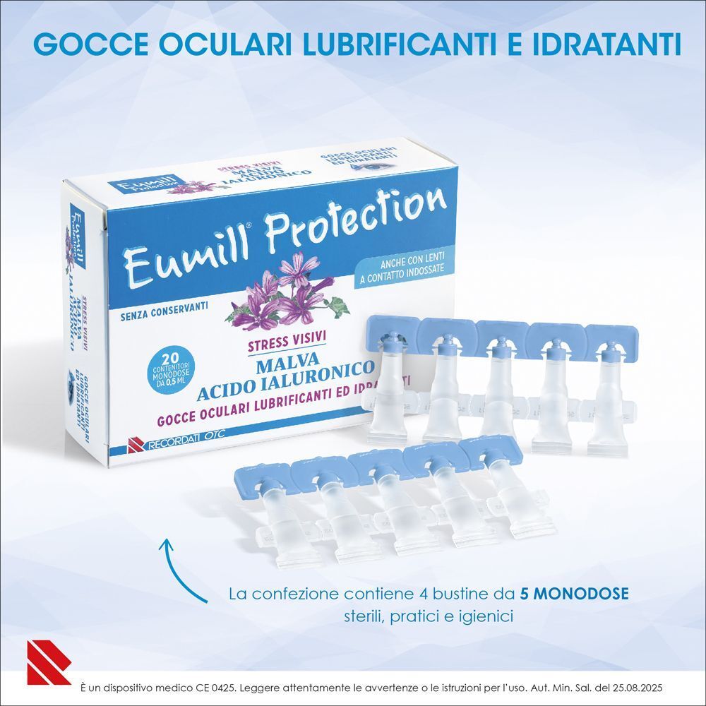 Confezione Eumill Protection e 4 blister da 5 flaconcini monodose sterili.