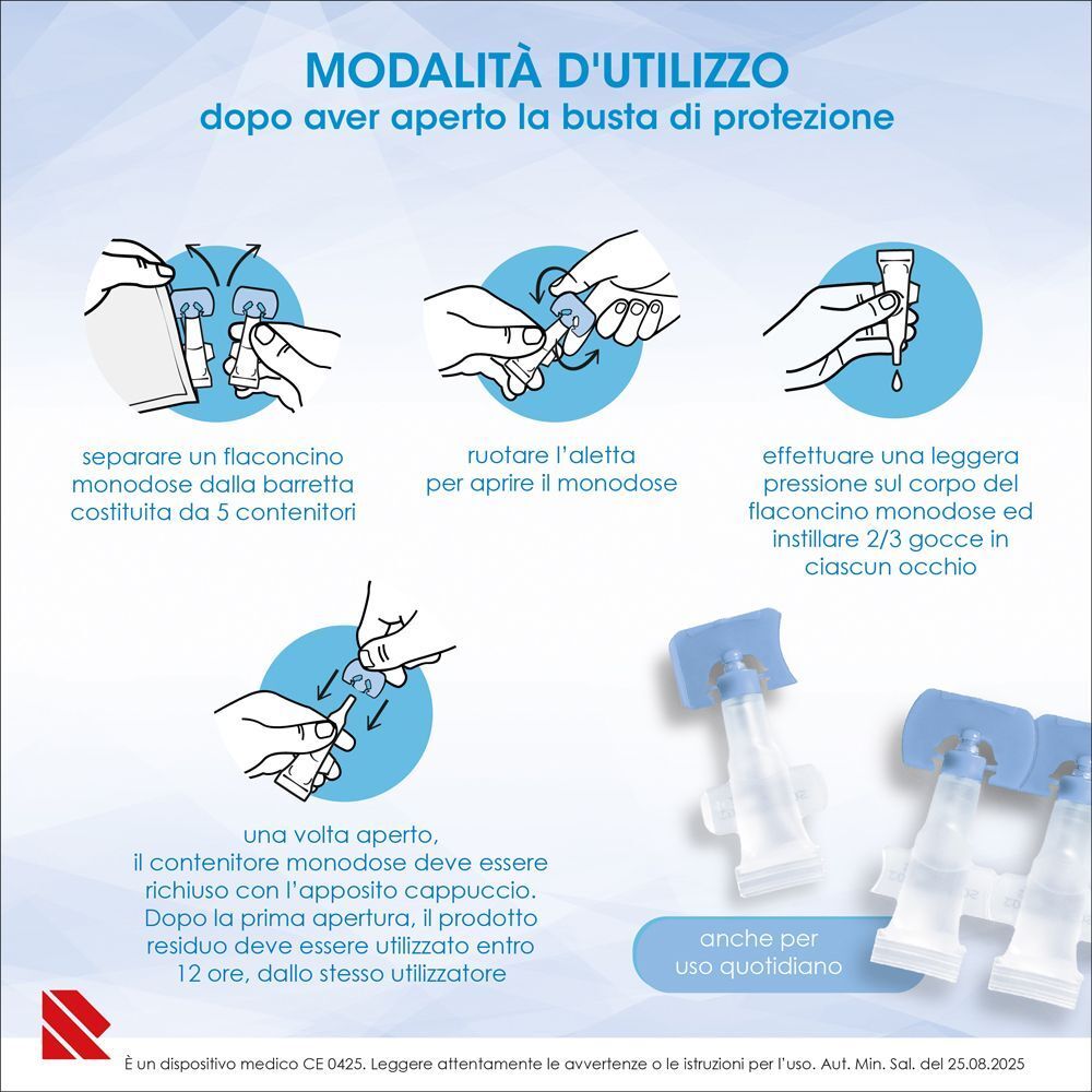 Uso flaconcini monodose Eumill Protection: separare, aprire, instillare, richiudere.