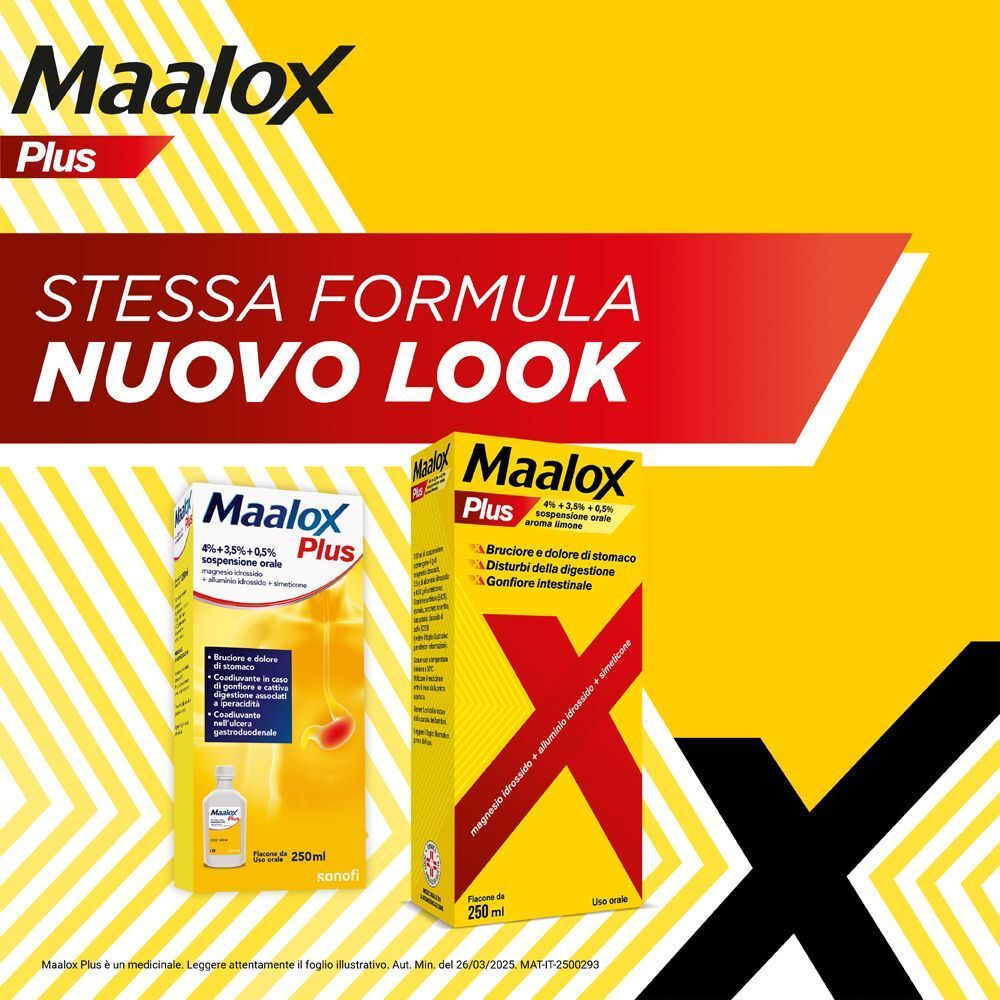 Confezione e flacone Maalox Plus su sfondo giallo, con testo su "stessa formula, nuovo look".