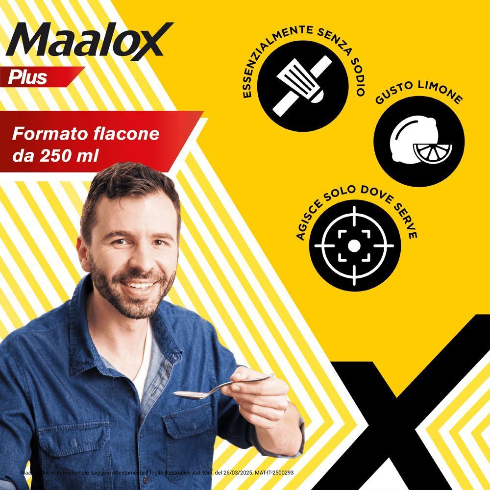 Uomo con cucchiaio di sospensione Maalox Plus, confezione indica "formato flacone 250 ml" e gusto limone.