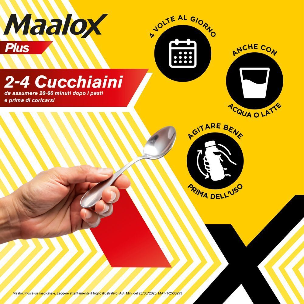 Mano con cucchiaio di Maalox Plus, confezione indica dosaggio "2-4 cucchiaini" e istruzioni per l'assunzione.