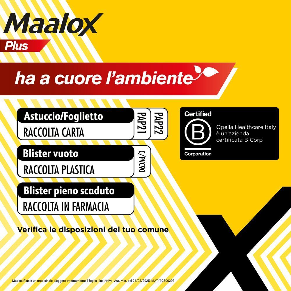 Confezione Maalox Plus con indicazioni per lo smaltimento degli imballaggi e certificazione B Corp.