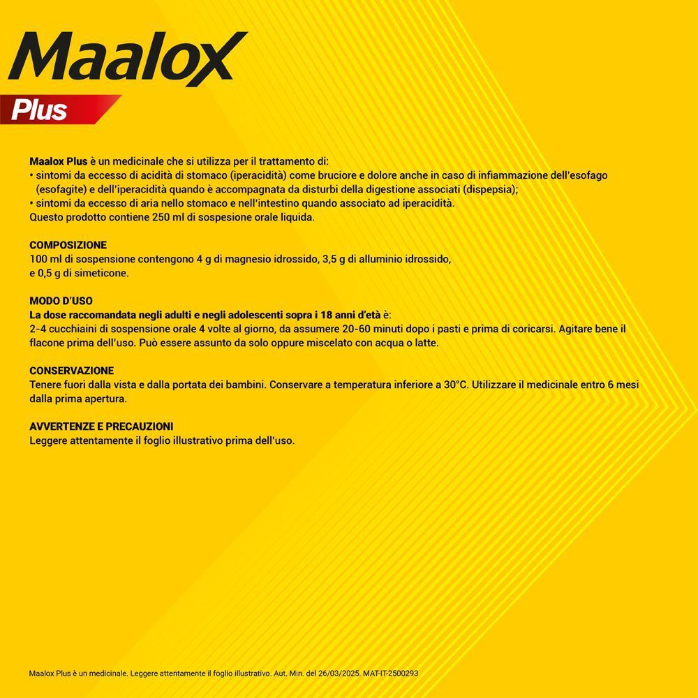 Foglietto illustrativo Maalox Plus con informazioni su uso, composizione e conservazione.
