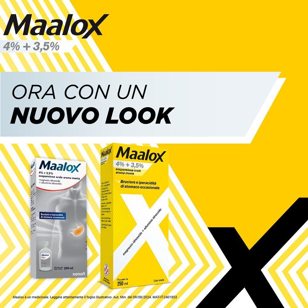 Maalox sospensione orale, 250 ml, con nuovo design. Scatola e immagine flacone.
