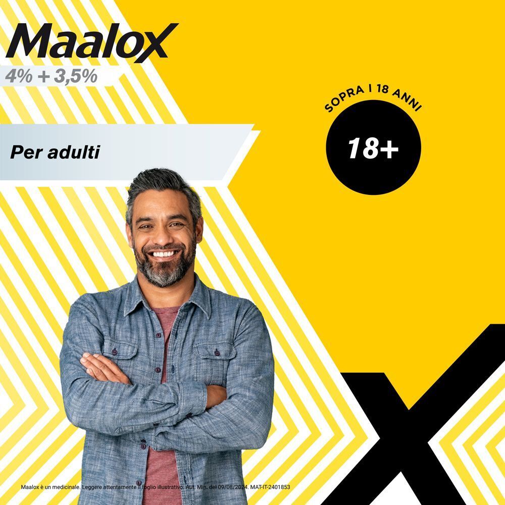 Maalox sospensione orale, 250 ml, con uomo e indicazione 'Per adulti'.