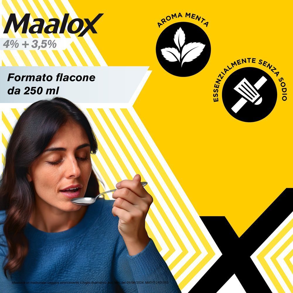 Maalox sospensione orale, 250 ml, con donna e indicazioni su aroma menta.