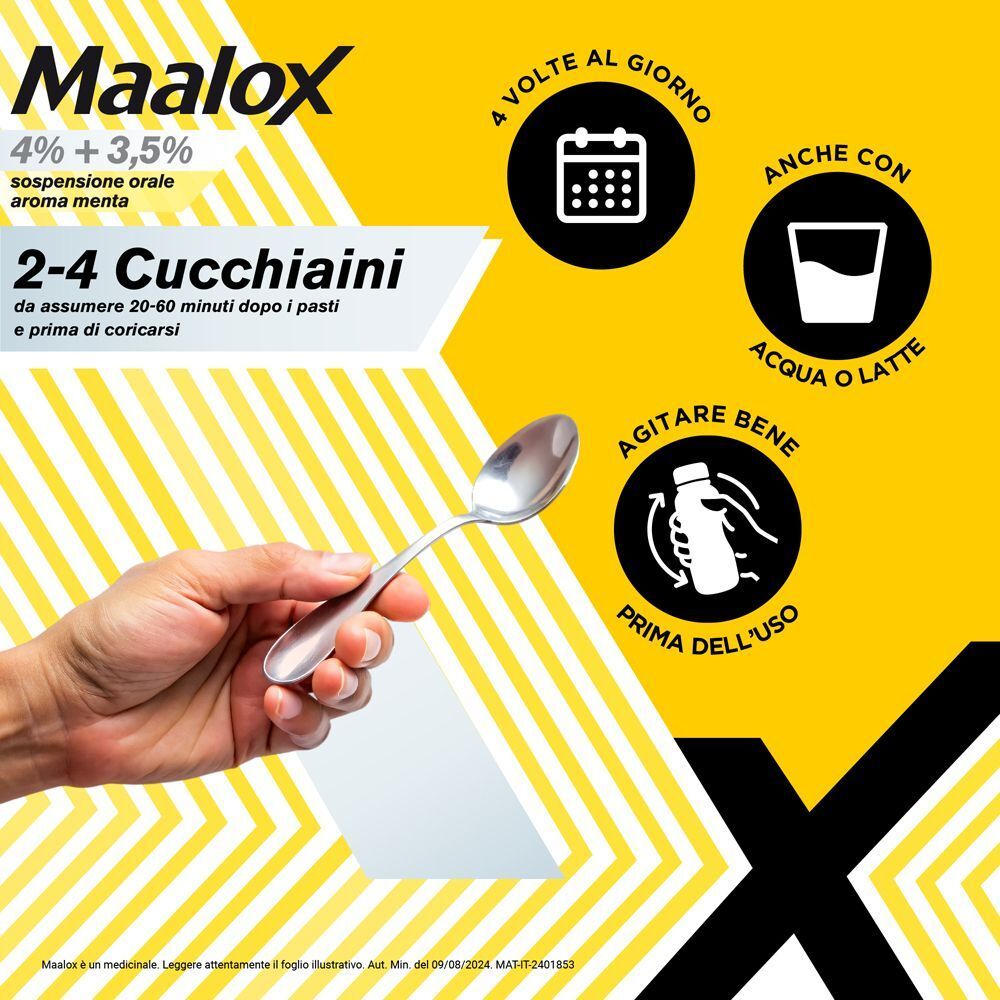 Maalox sospensione orale, 250 ml, con cucchiaio e istruzioni per l'uso.