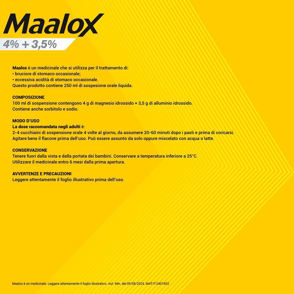 Maalox sospensione orale, 250 ml, con dettagli su uso e composizione.