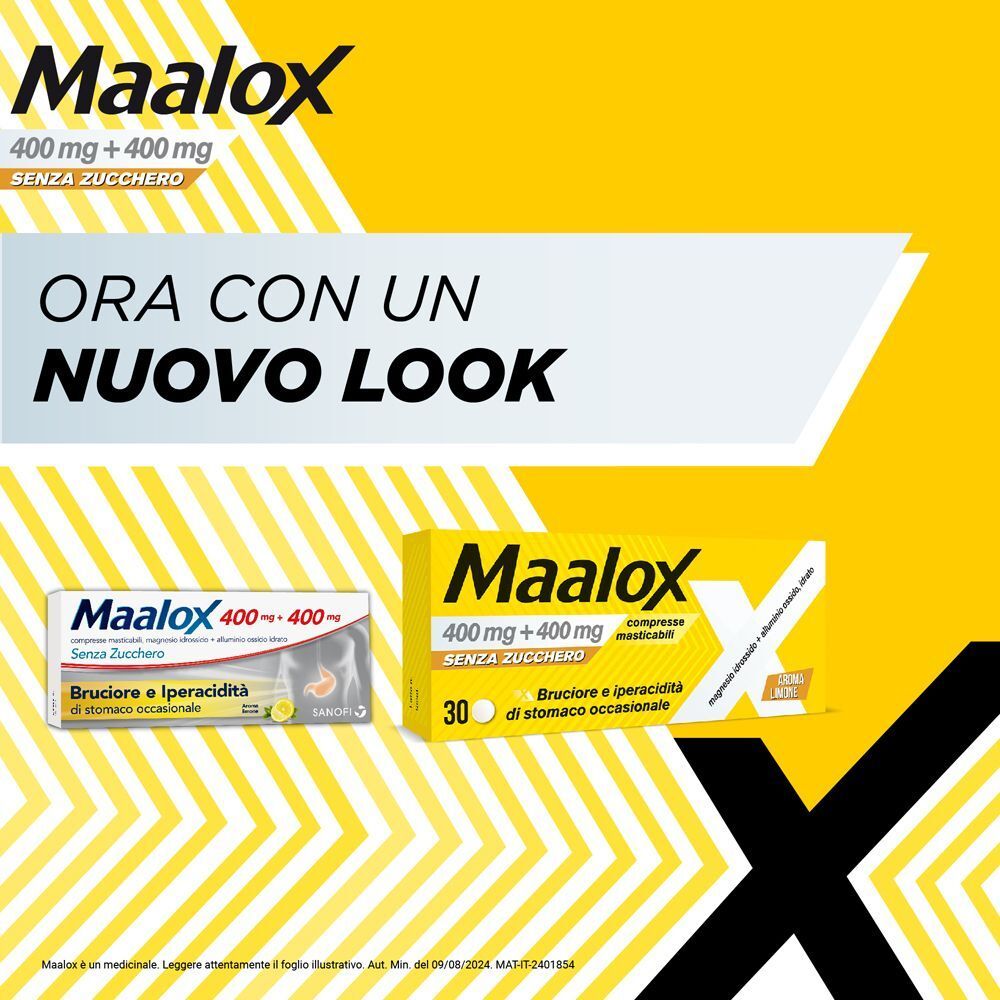 Confezione Maalox nuovo look e scatola piccola con illustrazione stomaco.