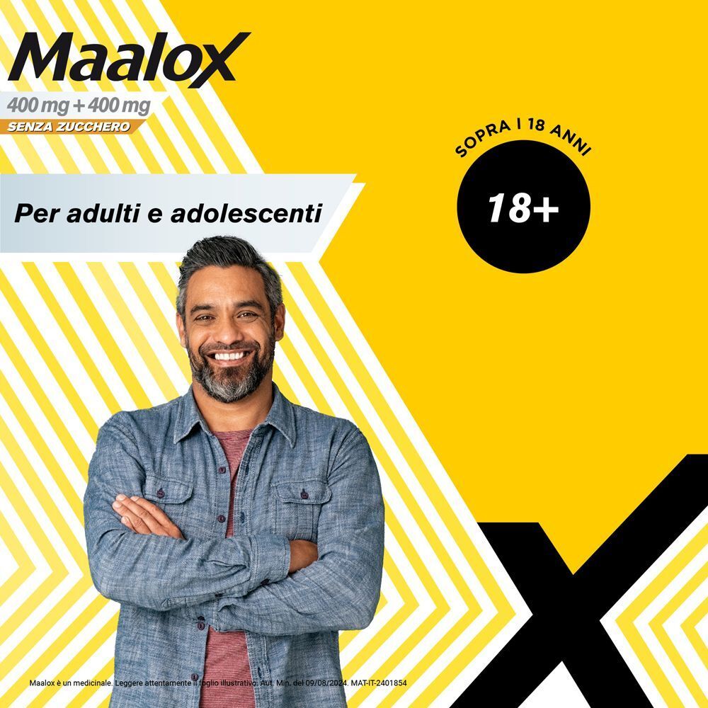 Confezione Maalox 30 cpr senza zucchero e donna che assume una compressa.