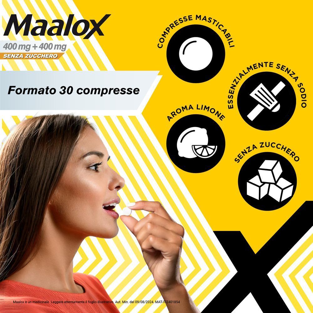 Confezione Maalox 30 cpr masticabili e istruzioni per l'assunzione.