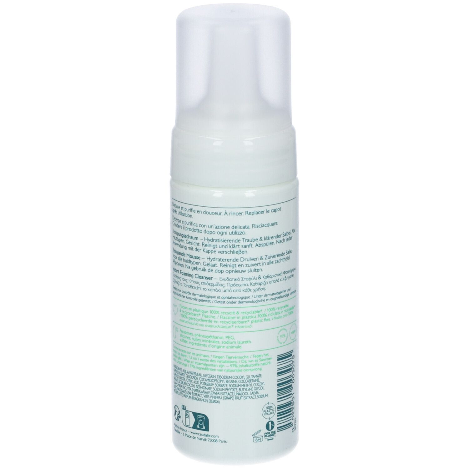 Retro del flacone bianco. Testo con ingredienti e informazioni. Codice e logo riciclo.