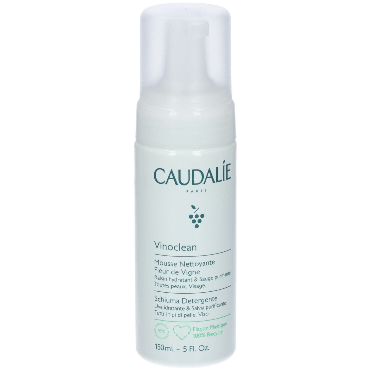 Flacone bianco con erogatore. Scritta Caudalie, Vinoclean, Mousse Nettoyante. 150ml, 5 Fl. Oz.